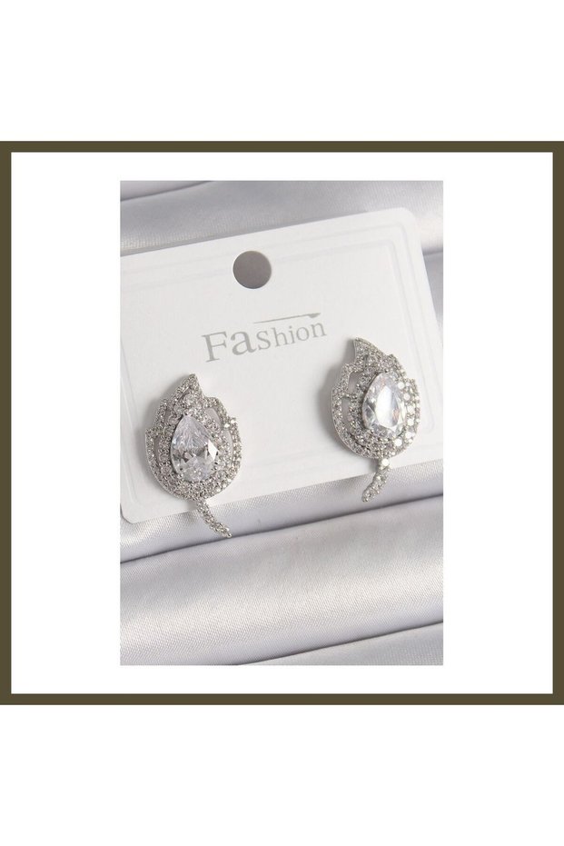 Silver-Toned Rice-Shaped Earrings with Zircon Stones in a Leaf Design for Women BX