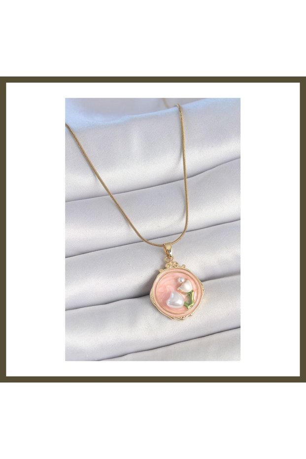 316L Steel Gold-Colored Chain with Pink Enamel and Pearl Flower Embroidery, Portrait-Style Women's Bracelet BX