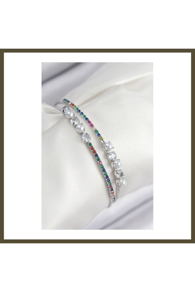 Silver-Colored Women's Bracelet with Rice-Shaped Zircon Stones and Pearl Design BX