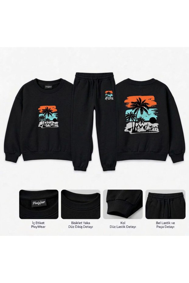 Team Sweatshirt with Tropical Sunrise Print for Girls and Boys, Crew Neck with Men’s Collar
