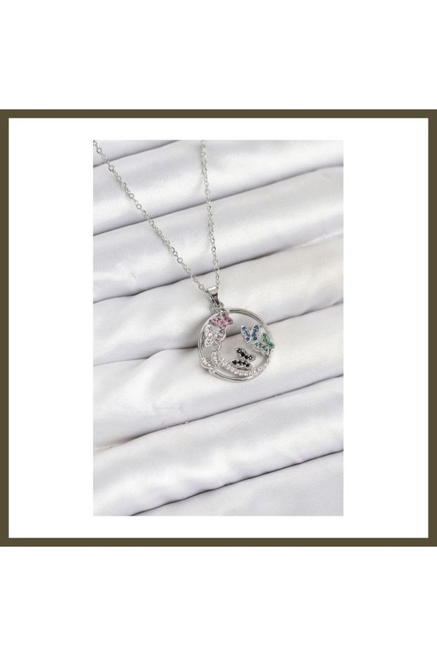 316L Stainless Steel Chain, Silver-Colored, Zircon-Set, Butterfly-Design Women's Necklace BX