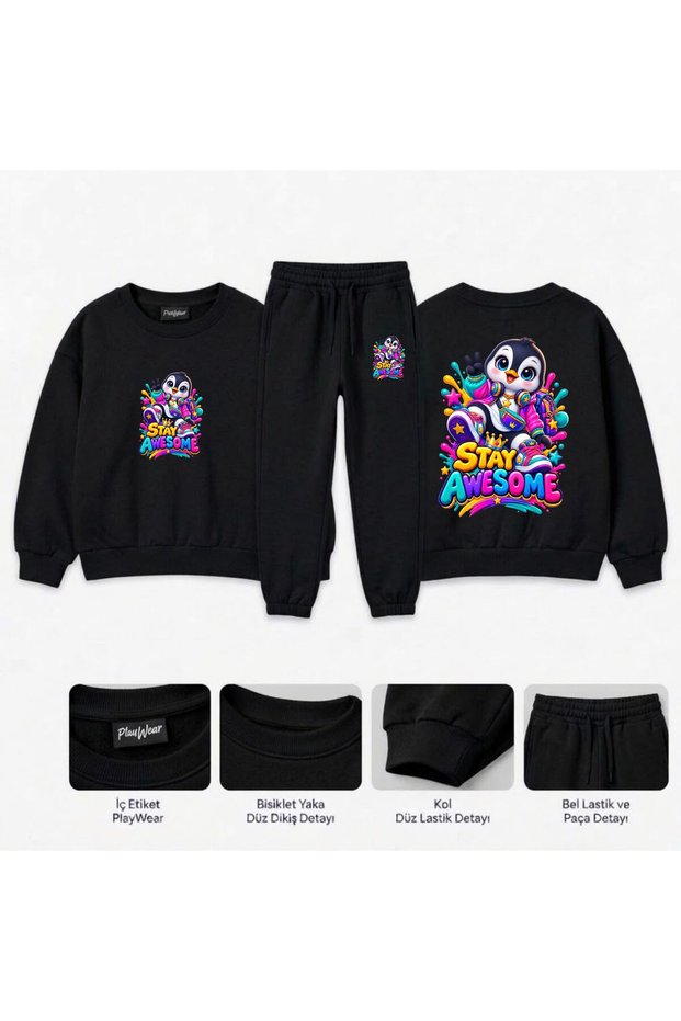 Team Sweatshirt with "awesome-penguin" Print for Girls, Boys, and Kids—Crew Neck with Men’s Collar