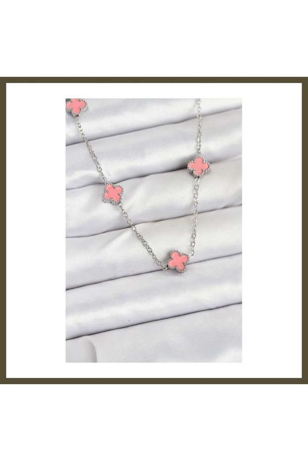 316L Steel Chain, Silver-Colored, Pink, Baby Boy, Clover, Women's Necklace BX