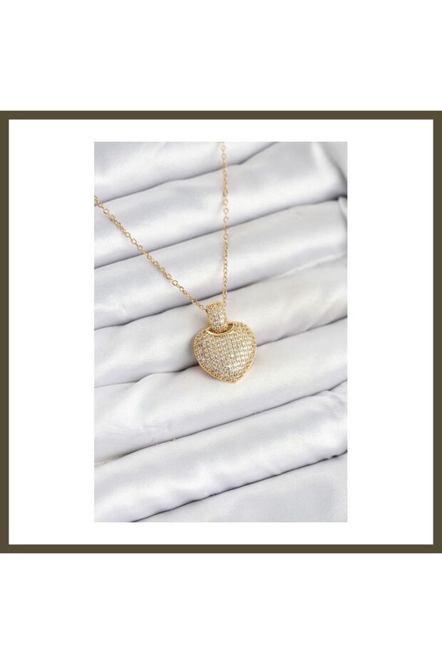 316L Stainless Steel Chain, Gold-Colored, Zircon-Studded Heart-Shaped Women's Necklace BX