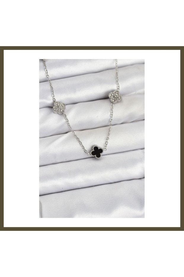 316L Stainless Steel Chain, Silver-Colored, with Black and Zircon Stones, Baby Boy Clover Women's Necklace BX