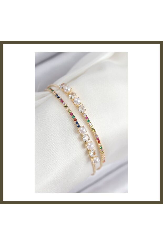 Gold-Colored Women's Bracelet with Rice-Shaped Zircon Stones and Pearl Design BX