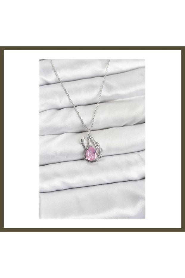 316L Stainless Steel Chain, Silver-Colored, Pink Swan Design, Zircon-Studded Women's Necklace BX