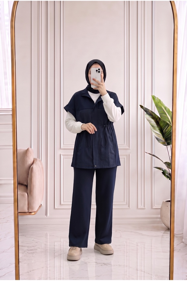 Banugül Elastic-Waist Cupra Vest Set—MF683 Navy Blue