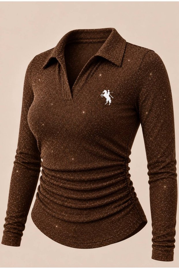 Brown Polo Collar Long-Sleeve Sequin-Embellished, Embroidered, Stretch Fabric Premium Body Blouse