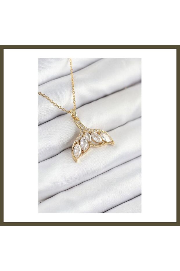 316L Stainless Steel Fish Tail-Style Necklace with Zircon Stones, Gold Color, for Women, Model BX