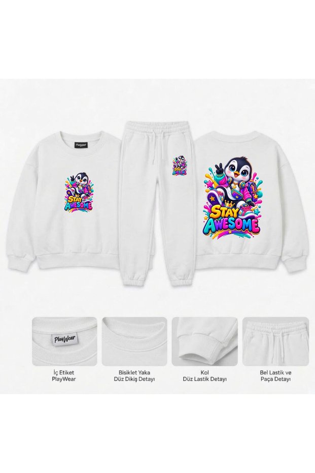 Team Sweatshirt with "awesome-penguin" Print for Girls, Boys, and Kids—Crew Neck with Men’s Collar