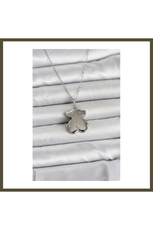 316L Stainless Steel Chain, Silver-Colored Teddy Bear Print, Detachable Women's Necklace BX