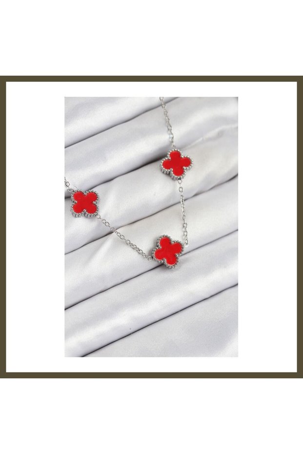 316L Stainless Steel Chain, Silver and Red Clover Women's Necklace BX