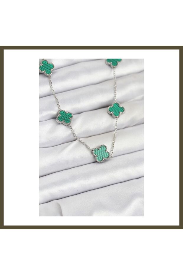 316L Stainless Steel Chain, Silver-Toned, Green Clover Women's Necklace BX