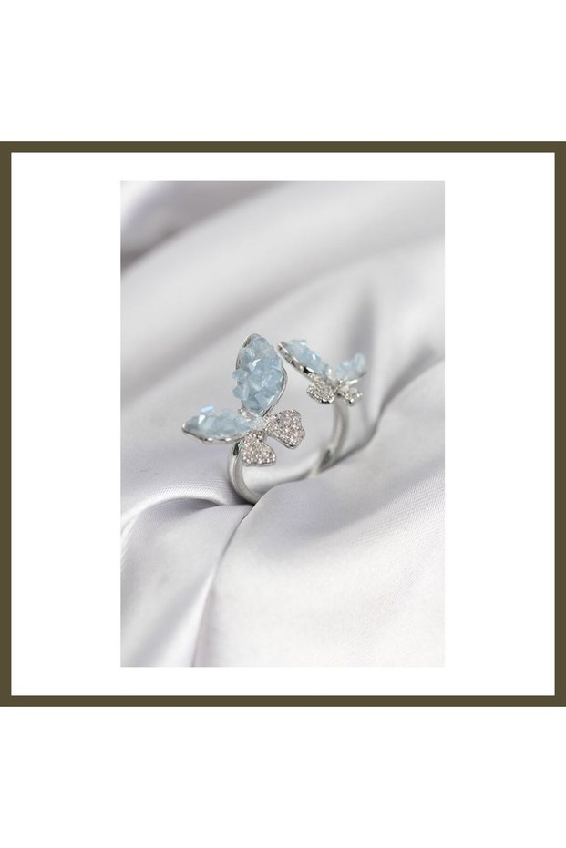 Silver-Colored Blue Butterfly-Style Modal Women's Ring with Zircon Stones BX