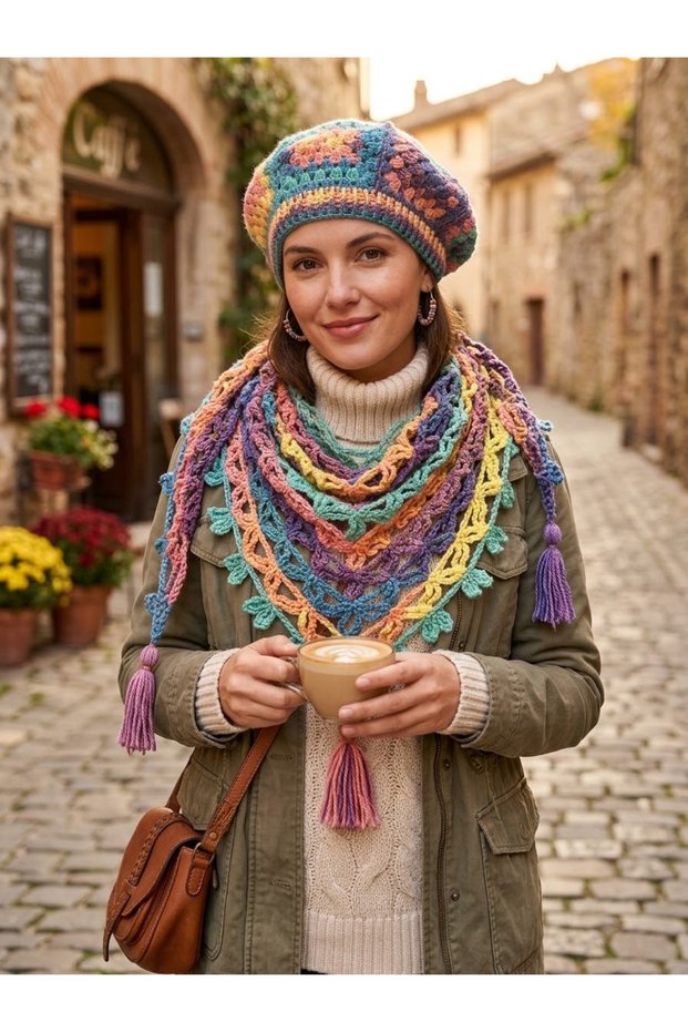 Knitted Batik Colorful & Shimmering Bohemian Scarf & Beanie