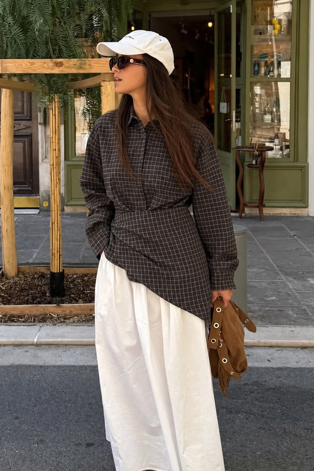 Women's Long-Sleeved Shirt with Brown Plaid Pattern and Scarf LZ003