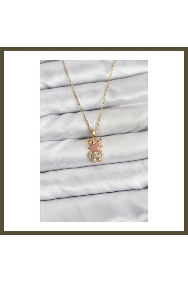 316L Stainless Steel Chain, Gold-Toned, Teddy Bear-Style, Zircon-Studded Women's Necklace BX