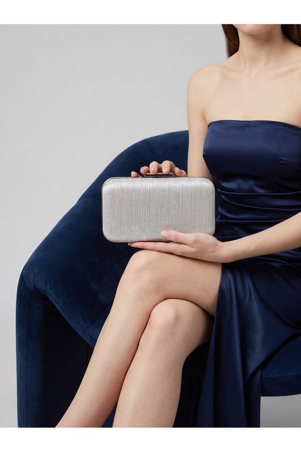 Silver-Gray Lamé Striped Patterned, Laser-Cut Patterned, Silver-Framed, Chain Strap Women's Evening Bag for Weddings and Engagements