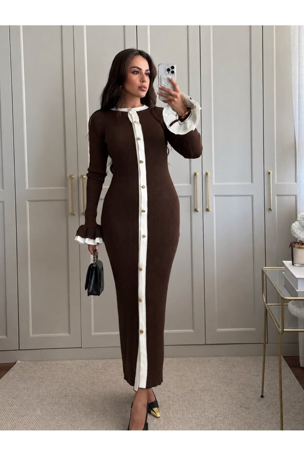Women's Contrast Gold Button Detailed Ribbed Ecru Knitwear Dress