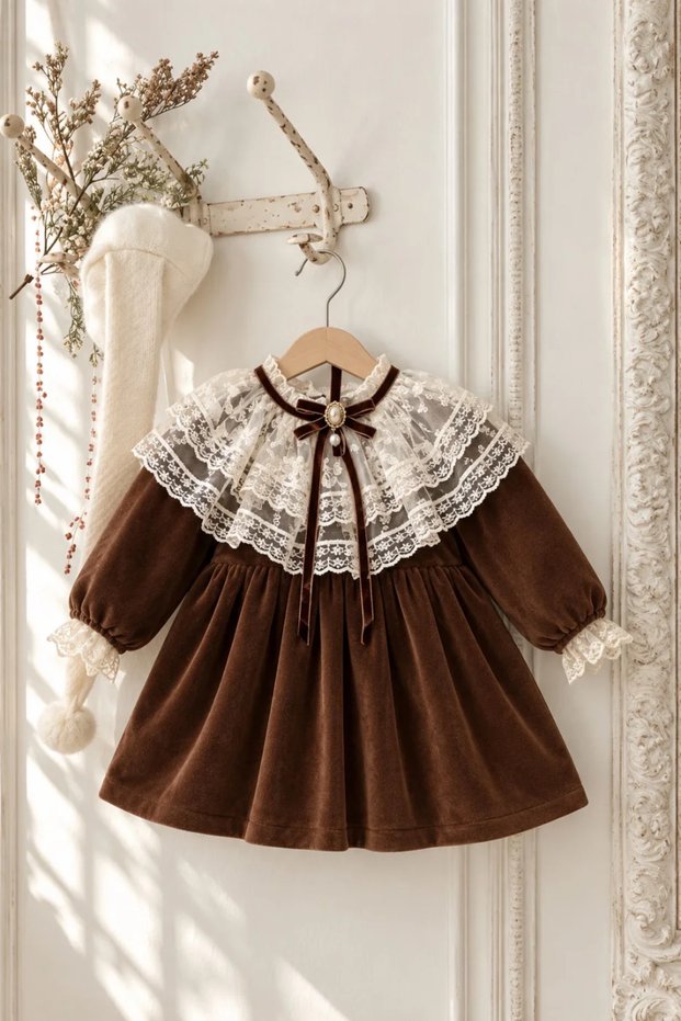 Girl's Lace-Collar Velvet Dress with Bow Detail – Vintage Special Occasion Birthday Dress