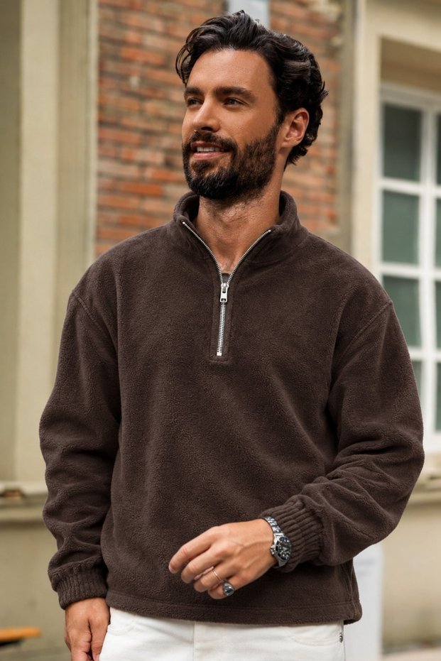 Men's Half-Zip Mock Neck Light Brown Fleece