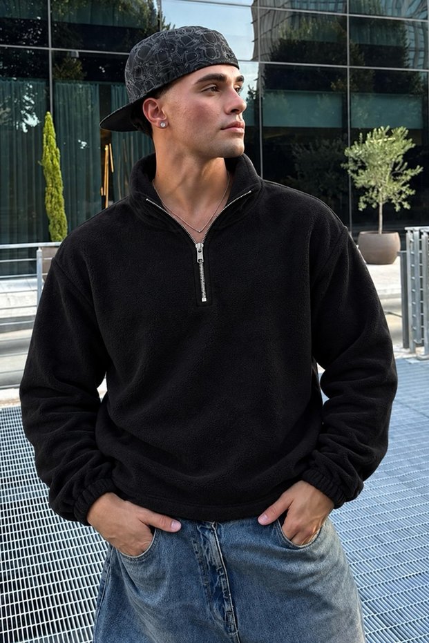 Men’s Mock Neck Zip-Up Casual Black Fleece