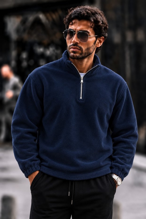 Men's Casual Navy Blue Fleece with Half-Zip for Everyday Wear