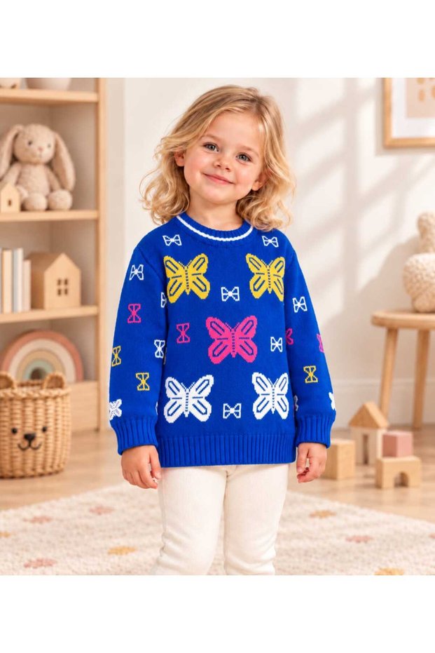 Girls' & Kids' Butterfly-Patterned Crew-Neck Stretch Knit Sweater