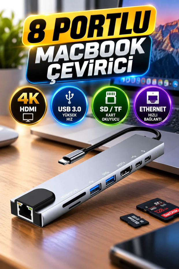 Shaza 8-Port Type-C Hub for MacBook: HDMI 4K, USB 3.0, SD/TF Card Reader, Ethernet Adapter
