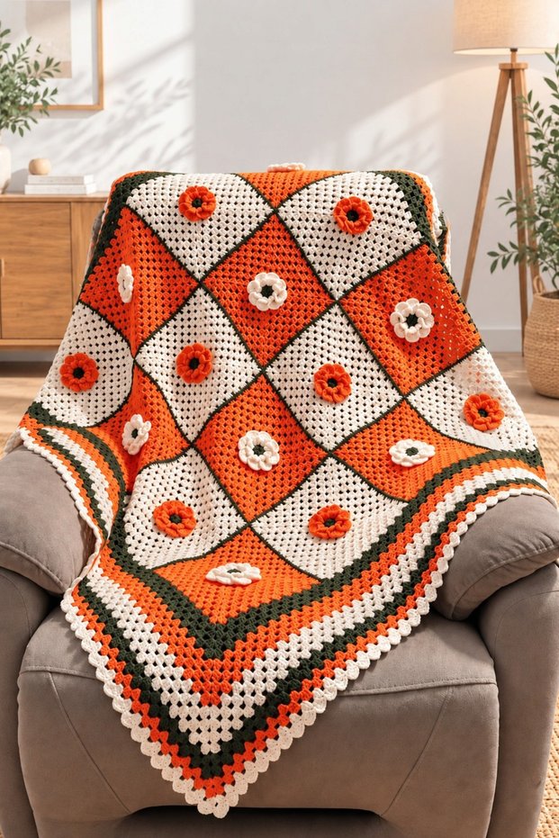 Flowers - Hand-Knitted Armchair Throw, TV Blanket, and Lap Blanket