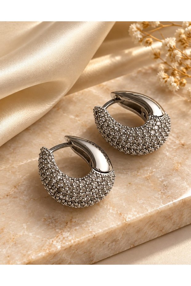 Stone-Studded Chubby Earrings, Silver-Colored