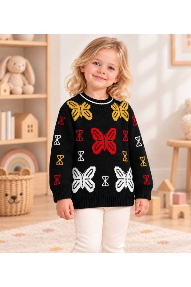Girls' & Kids' Butterfly-Patterned Crew-Neck Stretch Knit Sweater