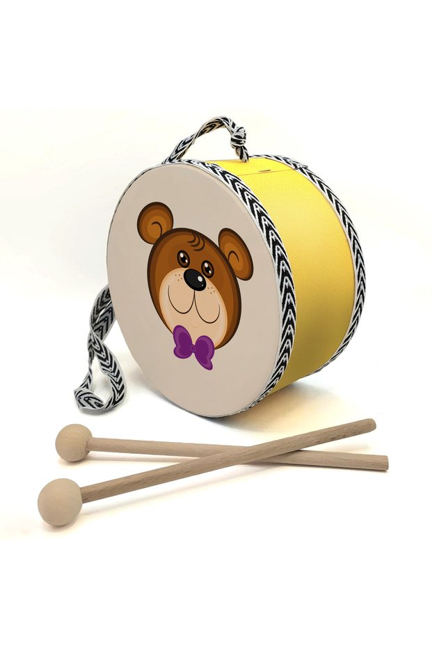 Children's Leather Drum with Bow-Tied Teddy Bear Print (Ages 1–5) - Yellow
