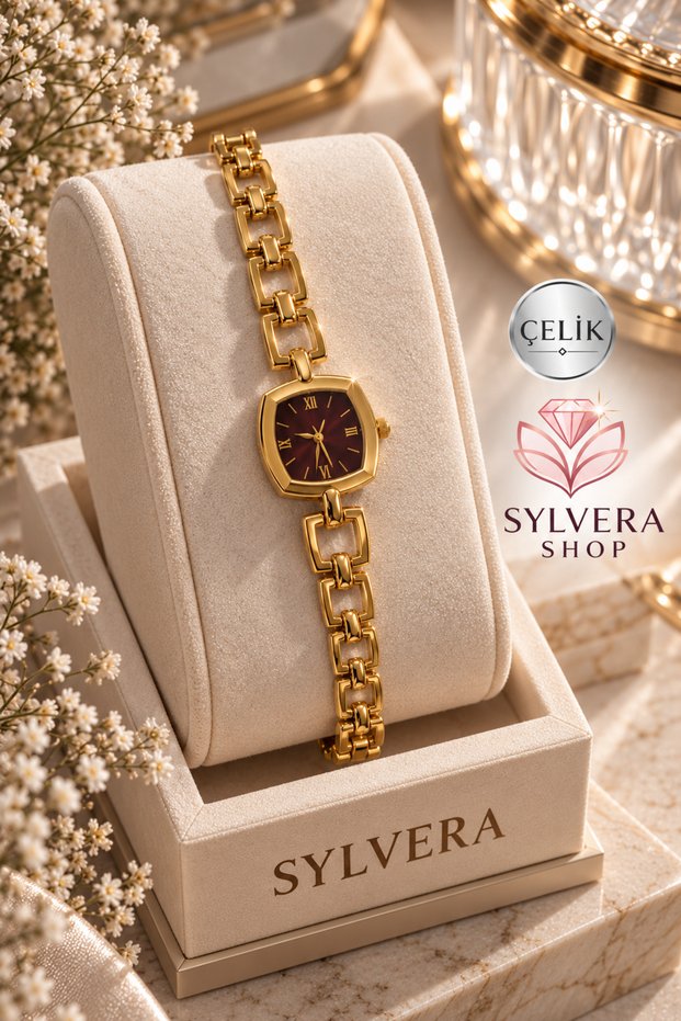 Checked Design Burgundy Dial Sliding Square-Link Steel Women's Wristwatch (Gold Color)
