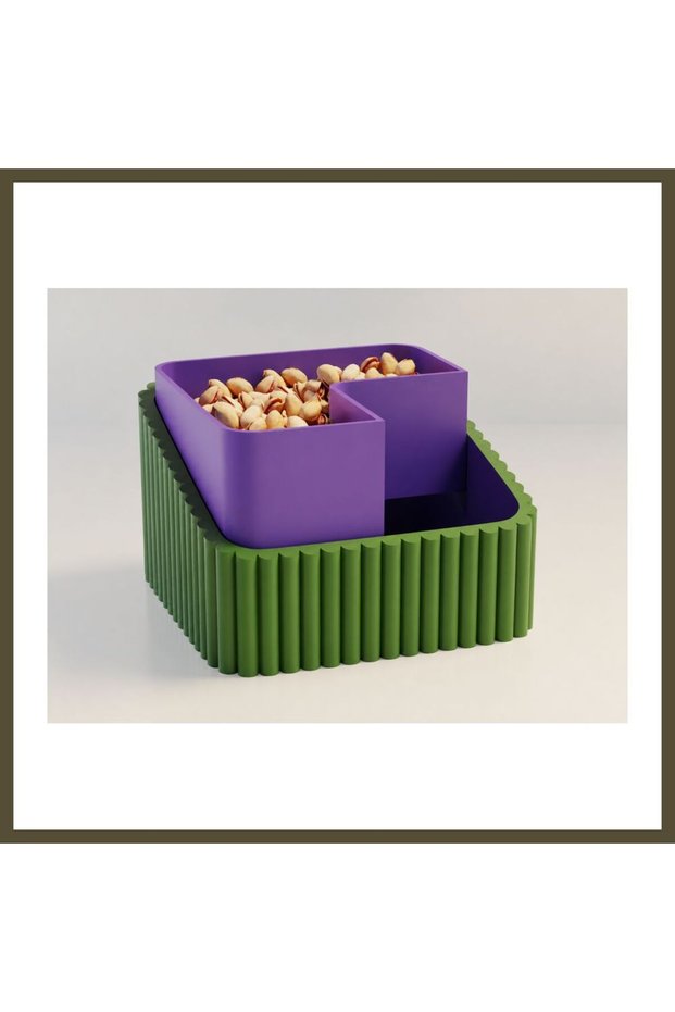 3D-Printed Pistachio Bowl - Dual-Chamber Shell Separator Serving Bowl - Green and Purple BX