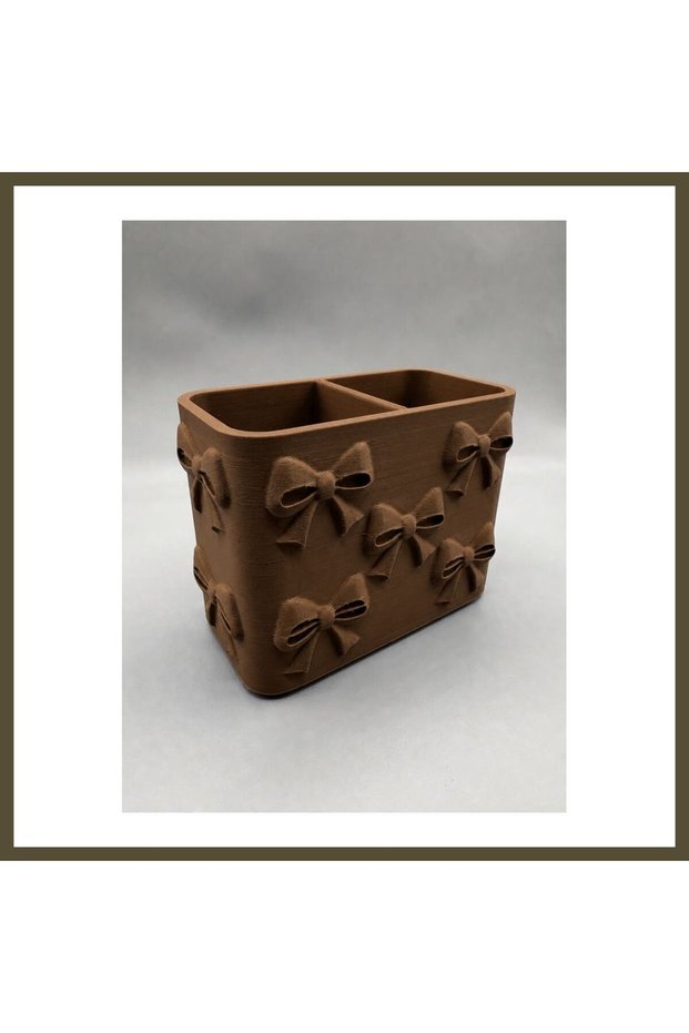 3D-Printed Bow Detail Compartmentalized Pencil Holder - Desktop Organizer - Brown BX