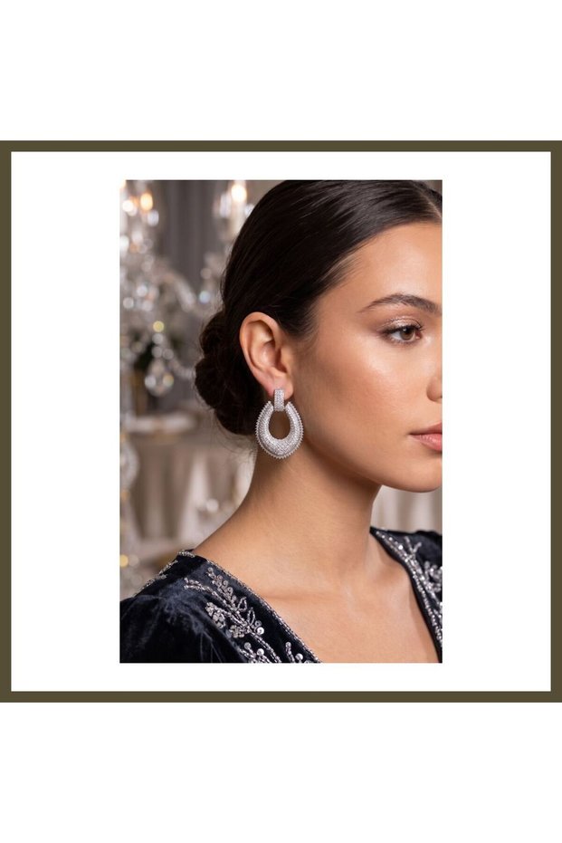 Silver-Colored Zircon Drop-Shaped Hoop Earrings for Women, BX