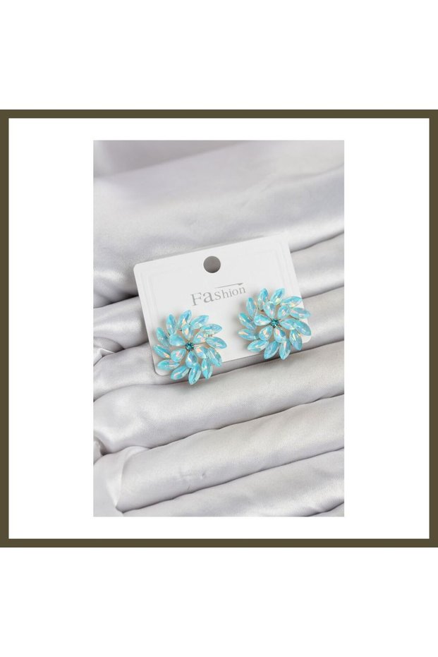 Ice Blue Crystal-Studded Flower-Shaped Modal Women's Earrings BX