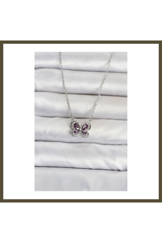 316L Stainless Steel Chain, Silver-Colored, Purple Butterfly-Style Women's Necklace BX