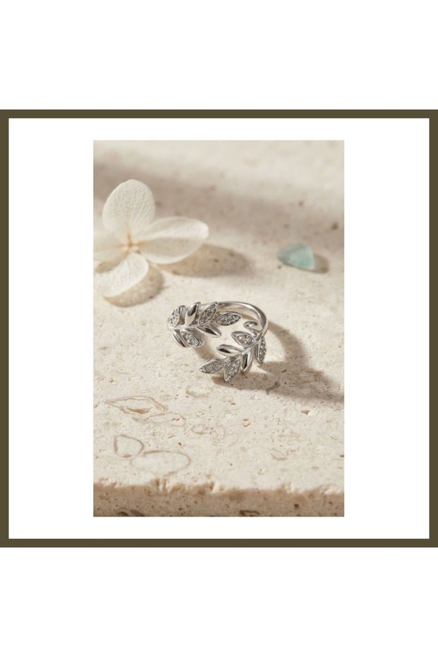 Silver-Colored Olive Branch Leaf-Patterned Adjustable Zircon Stone Women's Ring BX