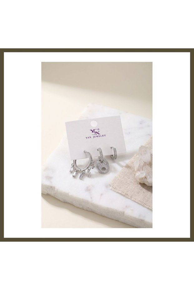 Silver-Toned Rice-Shaped Zircon Earring Set for Women BX