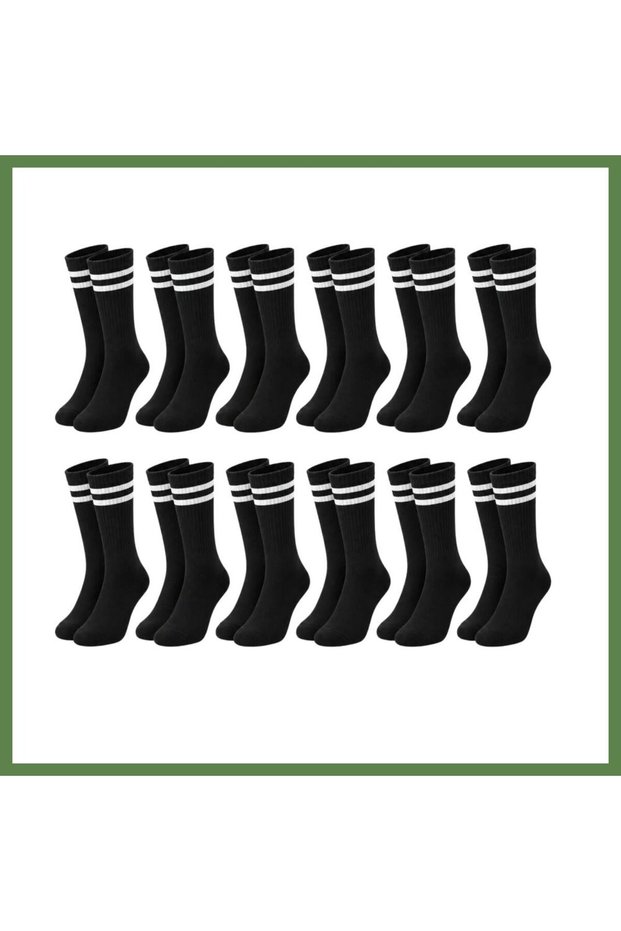 Unisex Black Socks with White Stripes, 12-Pack, Knee-High, Casual, Athletic, College Style, Women's HB006