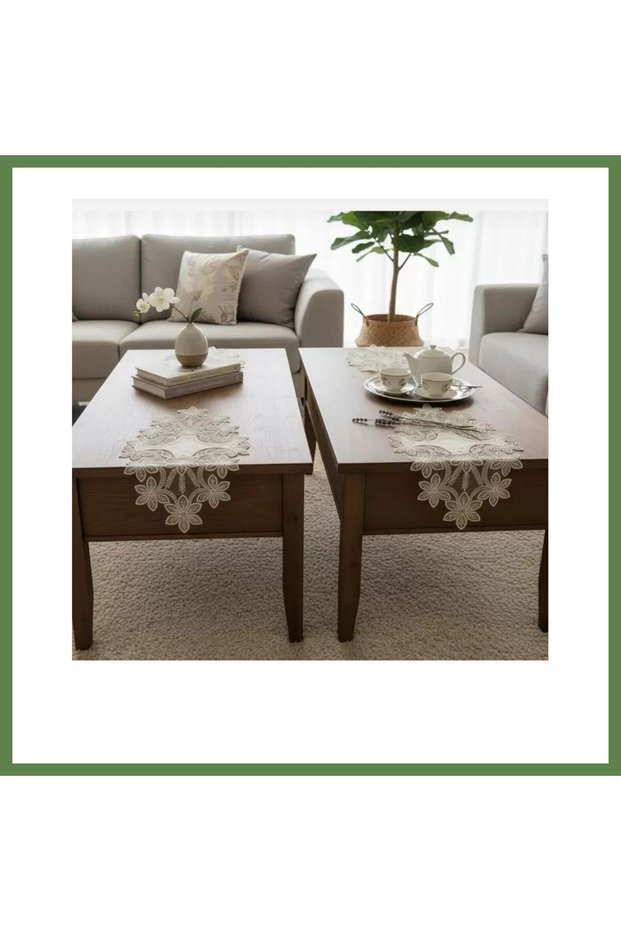 Selena Model Cream-Colored Lace-Trimmed Linen Tablecloth and Table Runner Set for the Dining Room HB006