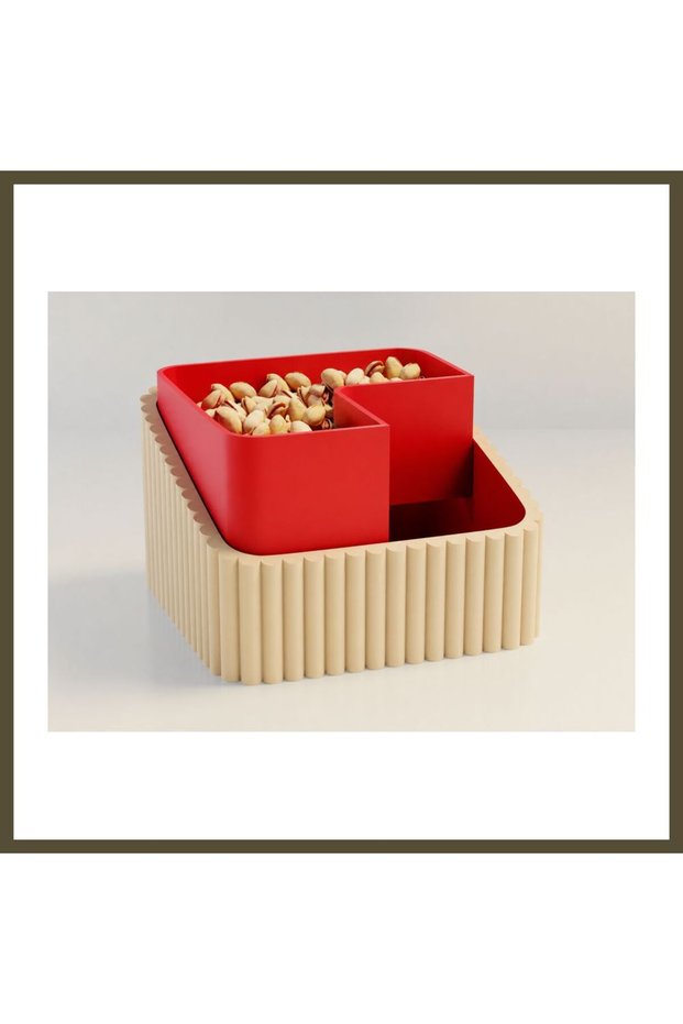 3D-Printed Pistachio Bowl - Dual-Chambered Shell Separator Serving Bowl - Beige and Red BX