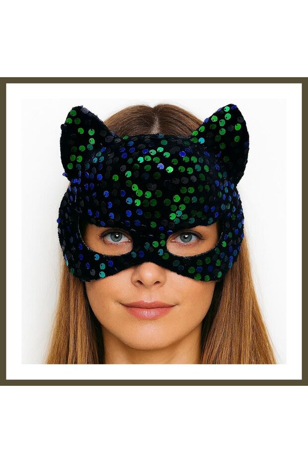 Blue and Green Sequin-Embellished Party Mask on Black Velvet Fabric, 16x14 cm (WxH)