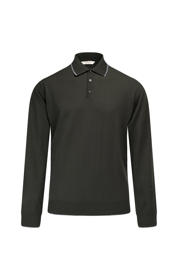 Khaki Regular-Fit polo collar wool sweater