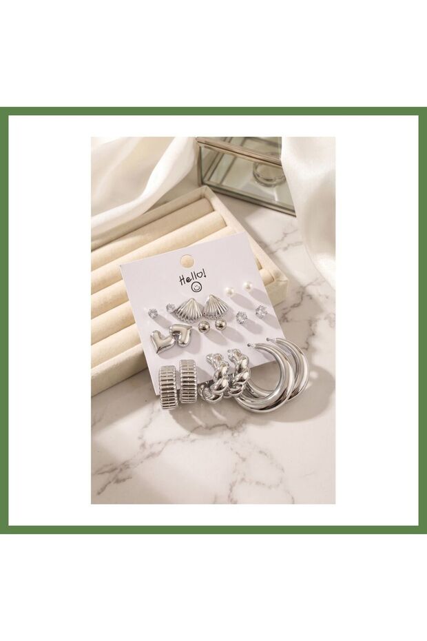 Silver-Colored Metallic-Plated Seashell-Detailed CCB 9-Pair Earring Set HB006