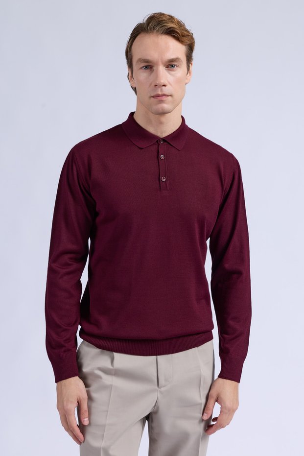 Burgundy Regular Fit Polo Collar Wool Sweater
