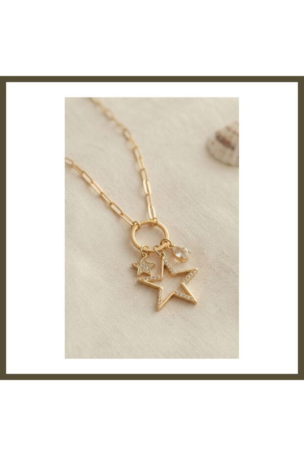 Gold-Colored Clip Chain Star-Shaped Necklace with Zircon Stones for Women BX